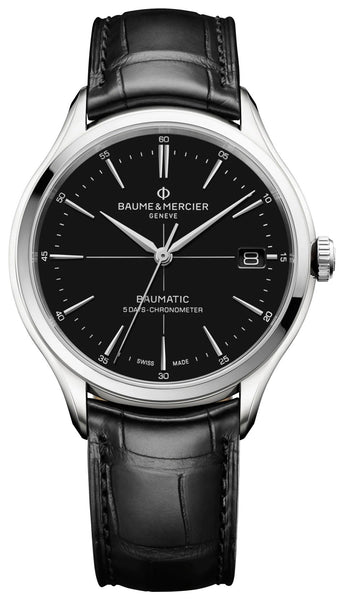 Baume & Mercier Clifton Baumatic COSC Automatic Black Dial Black Leather Strap Date Mens Watch M0A10692 - WAB - Shipping Dept.