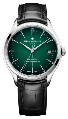 Baume & Mercier Clifton Baumatic COSC Automatic Stainless Steel Green Dial Black Leather Strap Date Mens Watch M0A10592 - WAB - Shipping Dept.