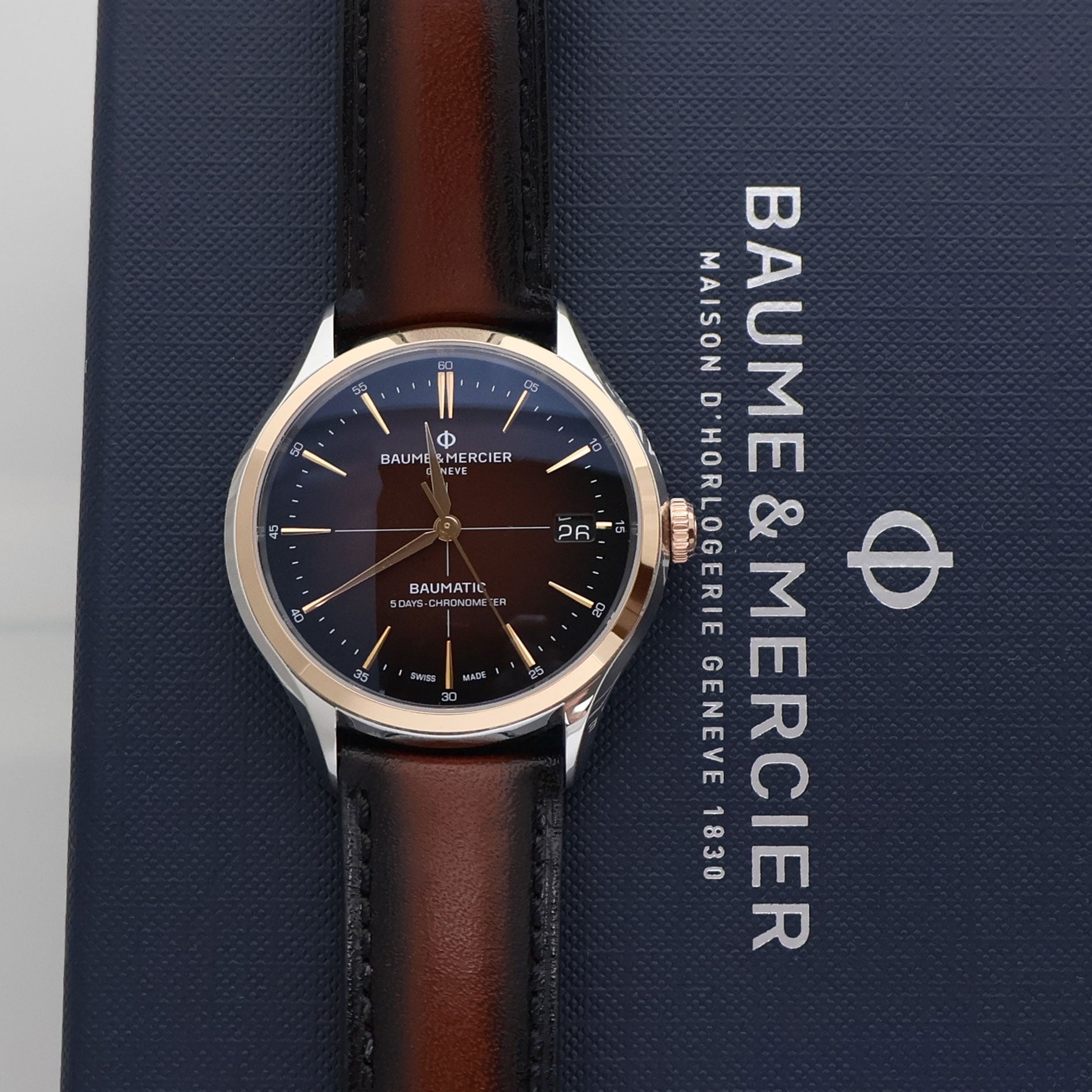 Baume & Mercier Clifton Baumatic COSC Automatic Stainless Steel & Rose Gold Brown Dial Brown Leather Strap Date Mens Watch M0A10713 - Watches & Beyond