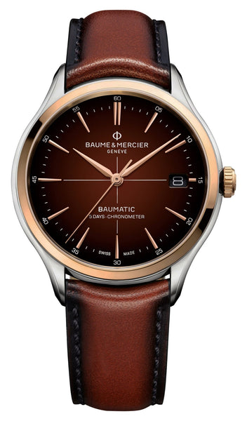 Baume & Mercier Clifton Baumatic COSC Automatic Stainless Steel & Rose Gold Brown Dial Brown Leather Strap Date Mens Watch M0A10713 - Watches & Beyond