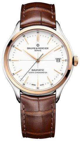 Baume & Mercier Clifton Baumatic COSC Automatic Stainless Steel & Rose Gold White Dial Brown Leather Strap Date Mens Watch M0A10519 - WAB - Shipping Dept.