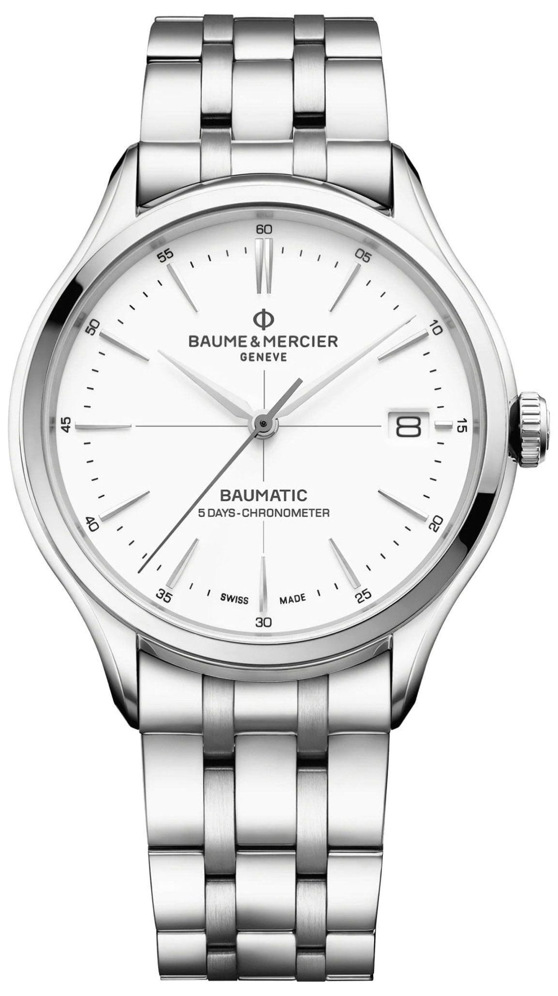 Baume & Mercier Clifton Baumatic COSC Automatic Stainless Steel White Dial Date Mens Watch M0A10505 - WAB - Shipping Dept.