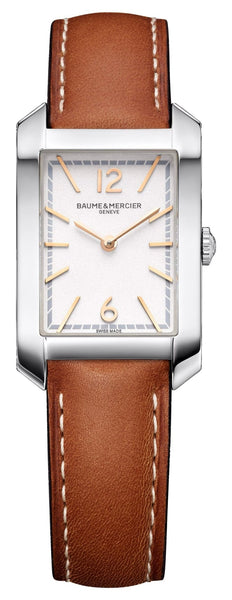 Baume & Mercier Hampton Stainless Steel Silver Dial Brown Leather Strap Quartz Womens Watch M0A10472 - Watches & Beyond