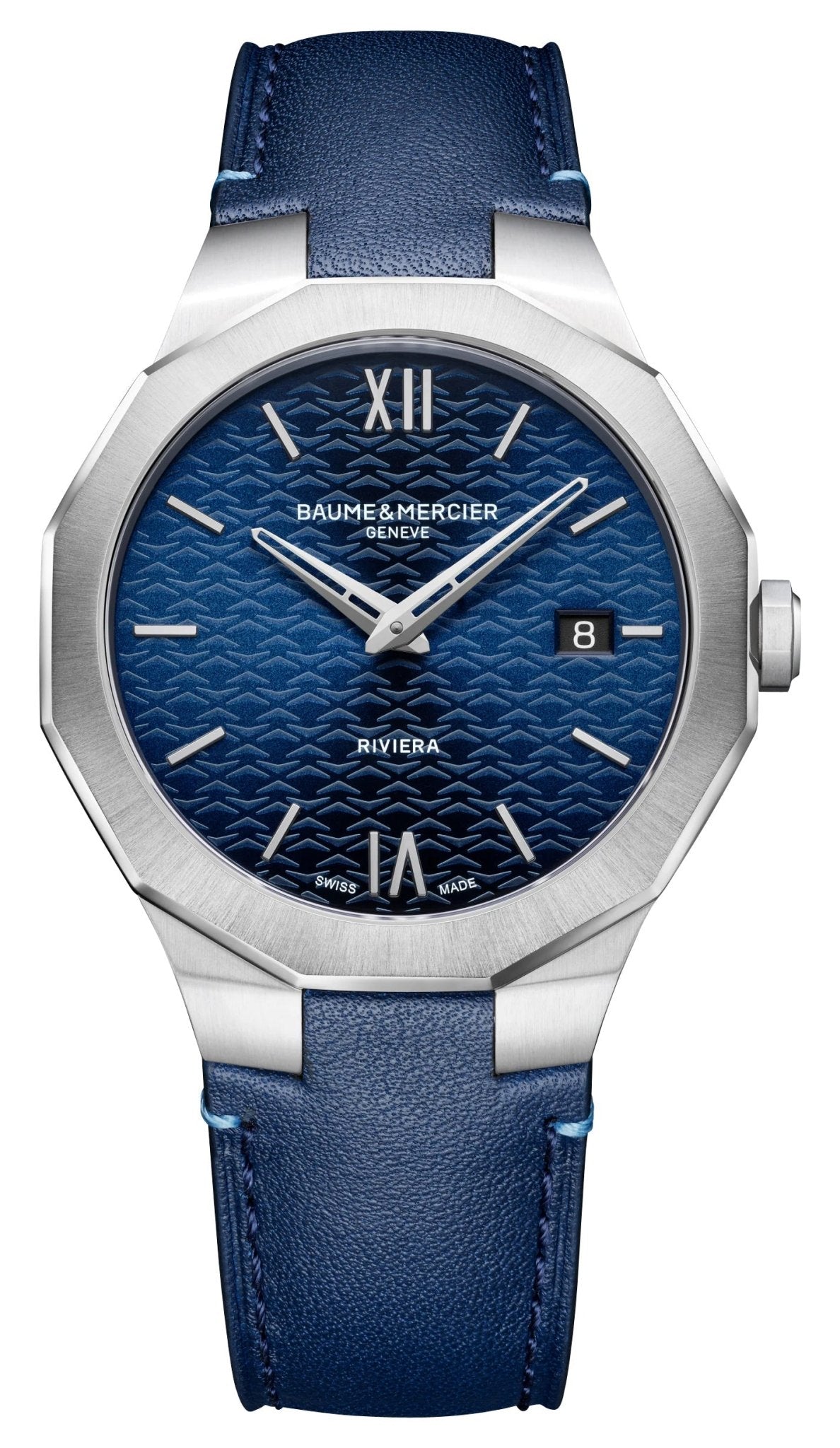 Baume & Mercier Riviera 73 Stainless Steel Blue Dial Blue Leather Strap Date Quartz Mens Watch M0A10846 - Watches & Beyond