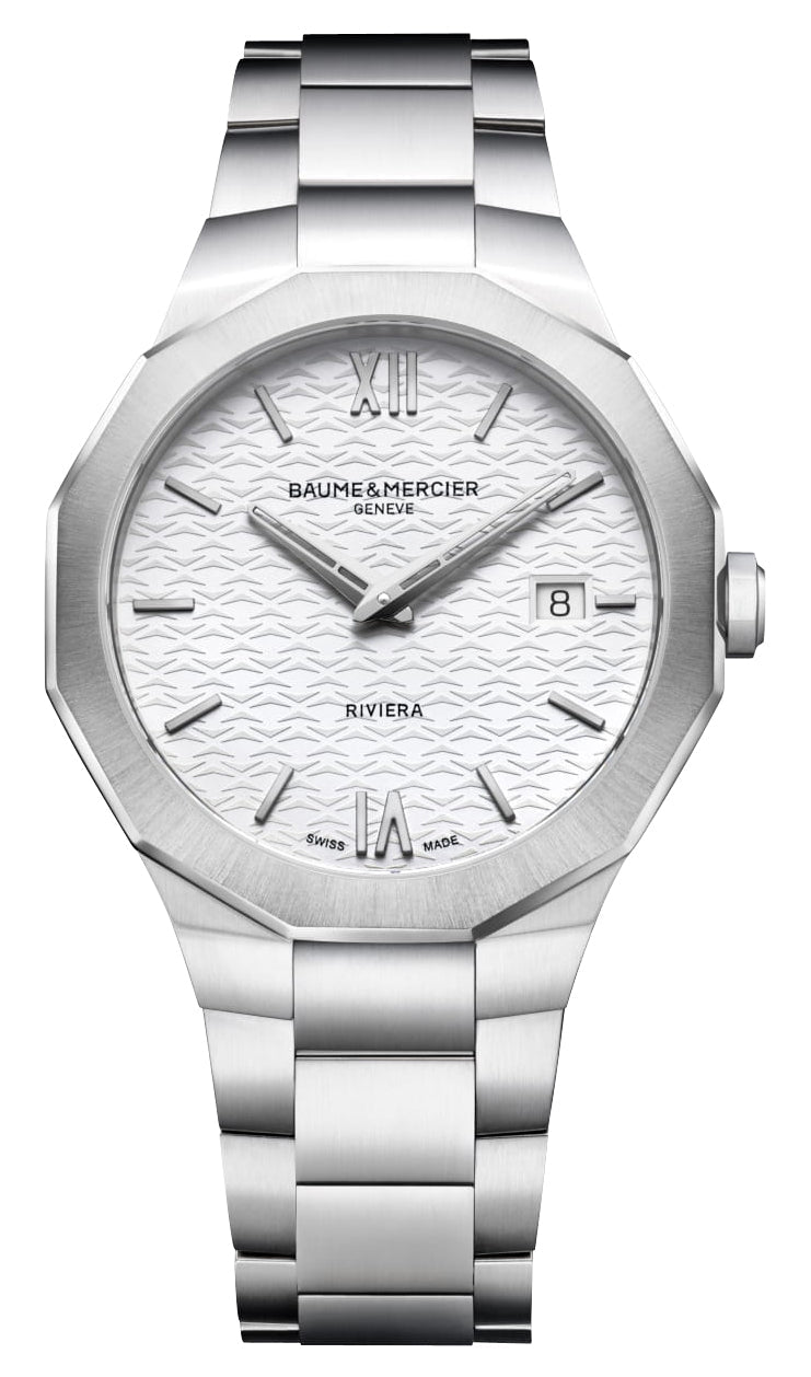 Baume & Mercier Riviera 73 Stainless Steel White Dial Date Quartz Mens Watch M0A10845 - Watches & Beyond
