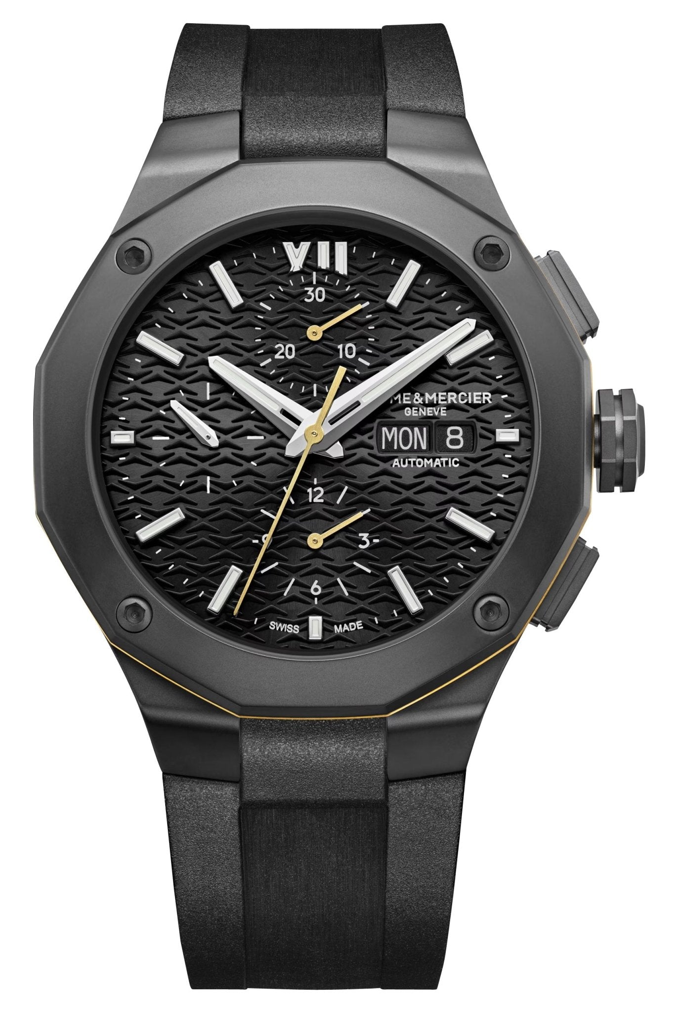 Baume & Mercier Riviera Automatic Chronograph Black ADLC Black Dial Black Rubber Strap Day/Date Mens Watch M0A10625 - Watches & Beyond