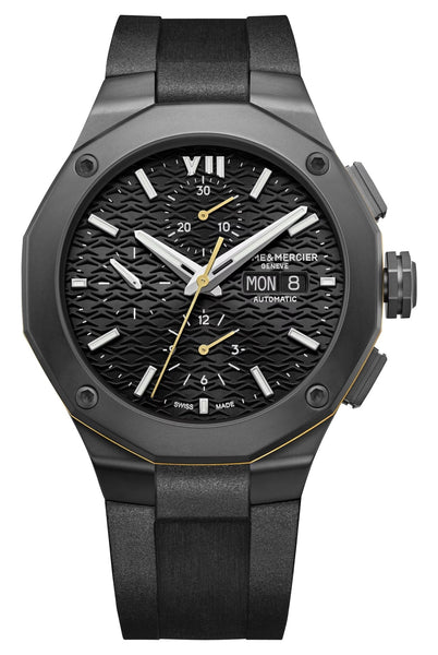 Baume & Mercier Riviera Automatic Chronograph Black ADLC Black Dial Black Rubber Strap Day/Date Mens Watch M0A10625 - Watches & Beyond