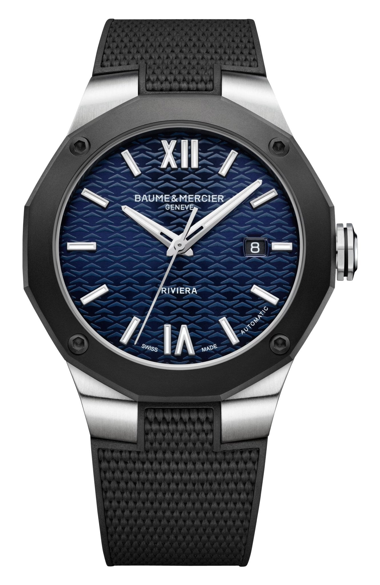 Baume & Mercier Riviera Automatic Stainless Steel & Black ADLC Blue Dial Black Rubber Strap Date Mens Watch M0A10768 - Watches & Beyond