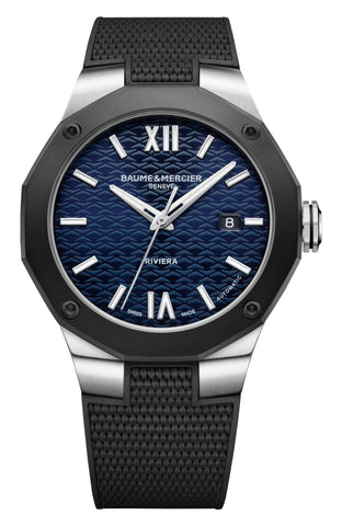 Baume & Mercier Riviera Automatic Stainless Steel & Black ADLC Blue Dial Black Rubber Strap Date Mens Watch M0A10768 - Watches & Beyond
