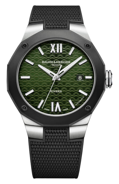 Baume & Mercier Riviera Automatic Stainless Steel & Black ADLC Green Dial Black Rubber Strap Date Mens Watch M0A10763 - Watches & Beyond