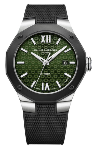 Baume & Mercier Riviera Automatic Stainless Steel & Black ADLC Green Dial Black Rubber Strap Date Mens Watch M0A10763 - Watches & Beyond