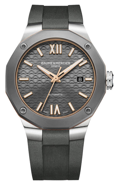Baume & Mercier Riviera Automatic Stainless Steel & Titanium Gray Dial Gray Rubber Strap Date Mens Watch M0A10660 - Watches & Beyond