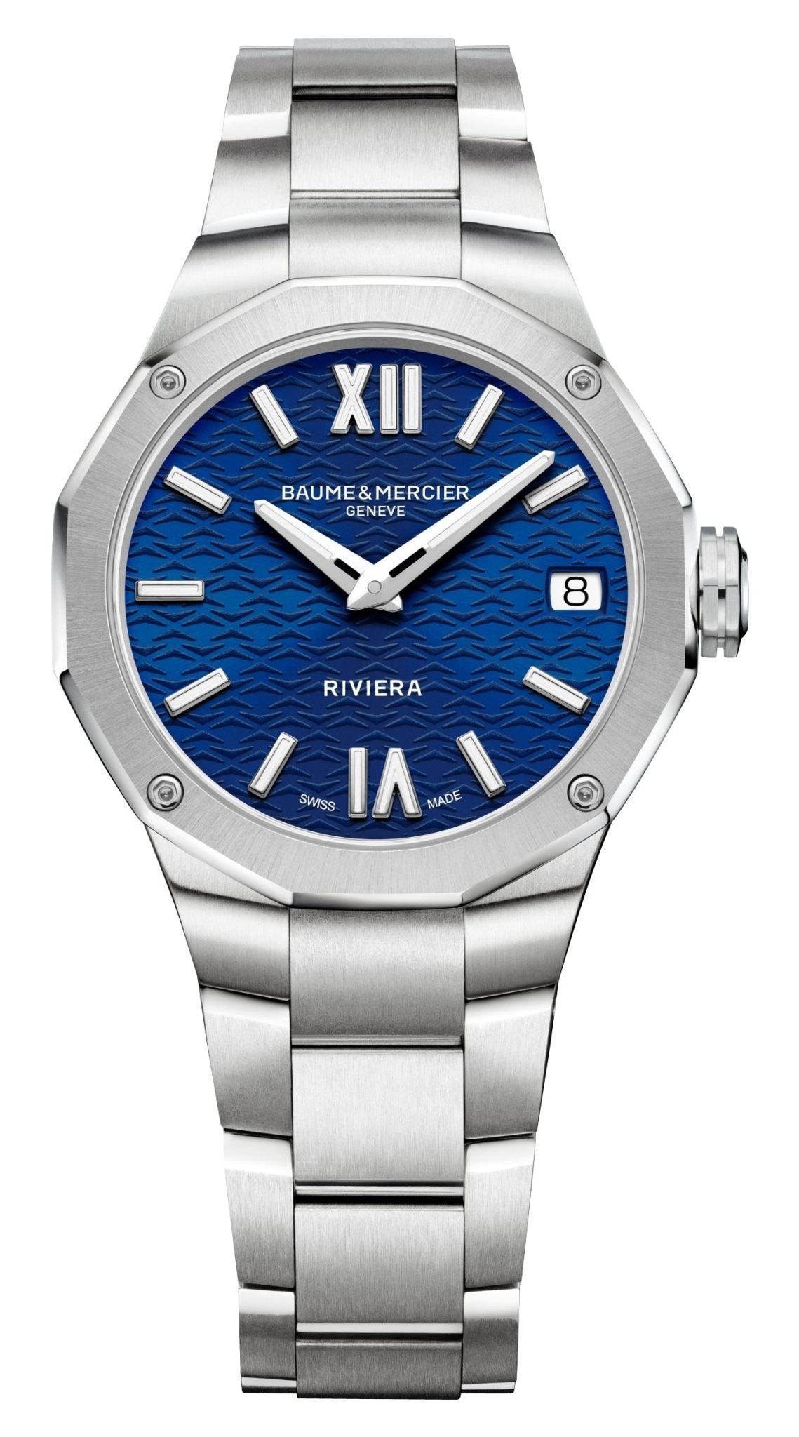 Baume & Mercier Riviera Stainless Steel Blue Dial Date Quartz Womens Watch M0A10727 - Watches & Beyond
