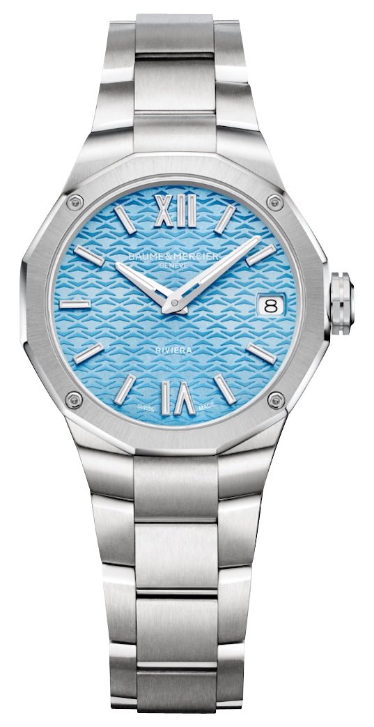 Baume & Mercier Riviera Stainless Steel Blue Dial Date Quartz Womens Watch M0A10811 - Watches & Beyond