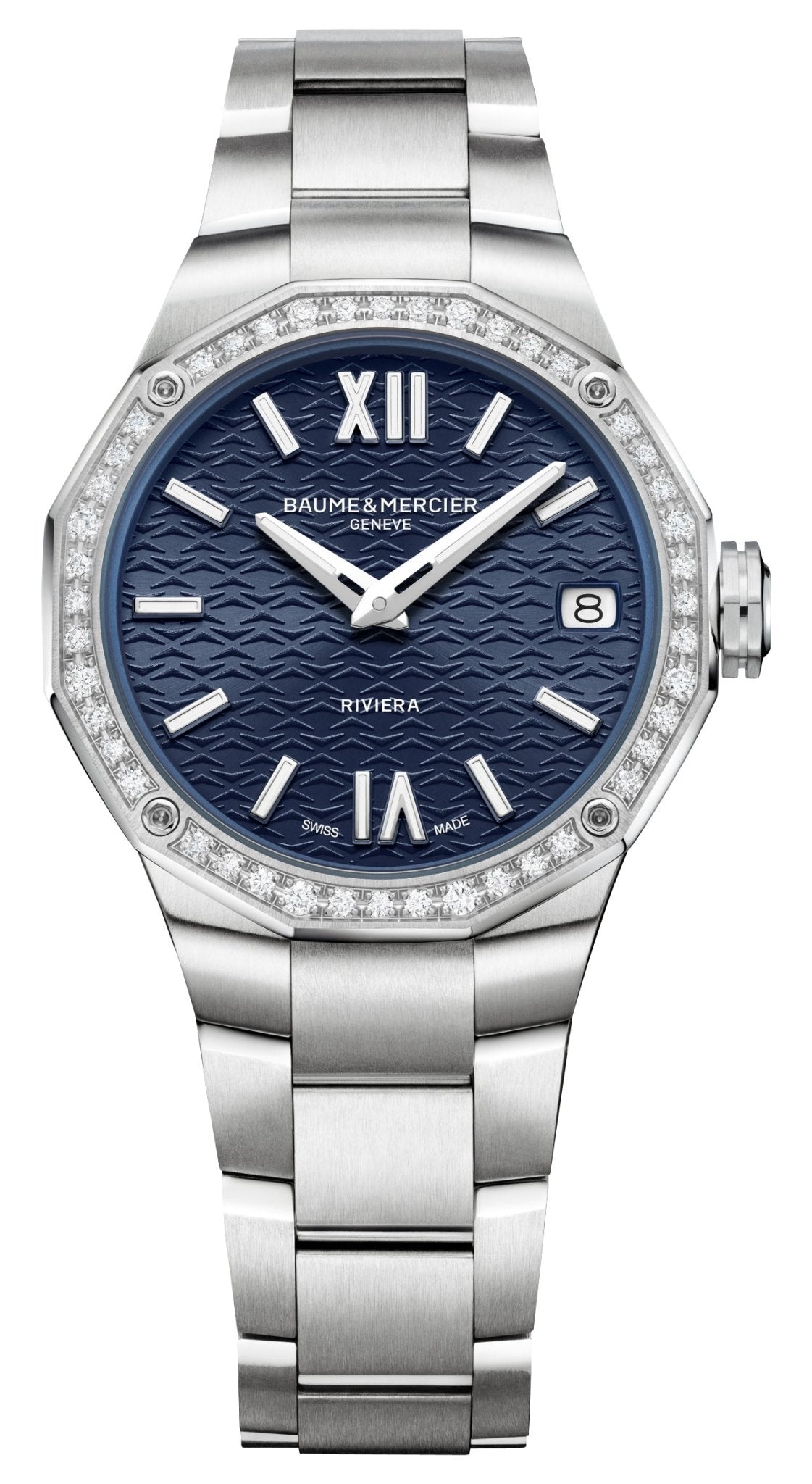 Baume & Mercier Riviera Stainless Steel Blue Dial Diamonds Date Quartz Womens Watch M0A10765 - Watches & Beyond