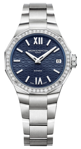 Baume & Mercier Riviera Stainless Steel Blue Dial Diamonds Date Quartz Womens Watch M0A10765 - Watches & Beyond