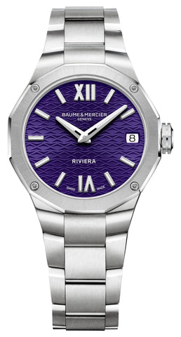 Baume & Mercier Riviera Stainless Steel Purple Dial Date Quartz Womens Watch M0A10728 - Watches & Beyond