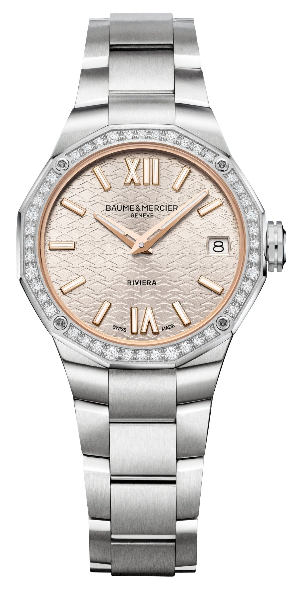 Baume & Mercier Riviera Stainless Steel Silver Dial Diamonds Date Quartz Womens Watch M0A10796 - Watches & Beyond