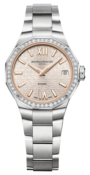Baume & Mercier Riviera Stainless Steel Silver Dial Diamonds Date Quartz Womens Watch M0A10796 - Watches & Beyond