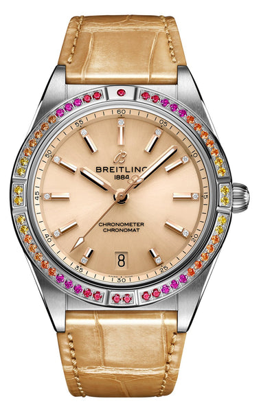 Breitling Chronomat Stainless Steel Gem - Set Beige Dial Date Automatic Womens Watch A10380611A1P1 - WAB - Shipping Dept.