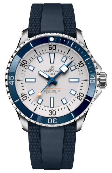 Breitling Superocean Automatic Chronometer Stainless Steel Silver Dial Blue Rubber Strap Divers Mens Watch A17375E71G1S1 - WAB - Shipping Dept.