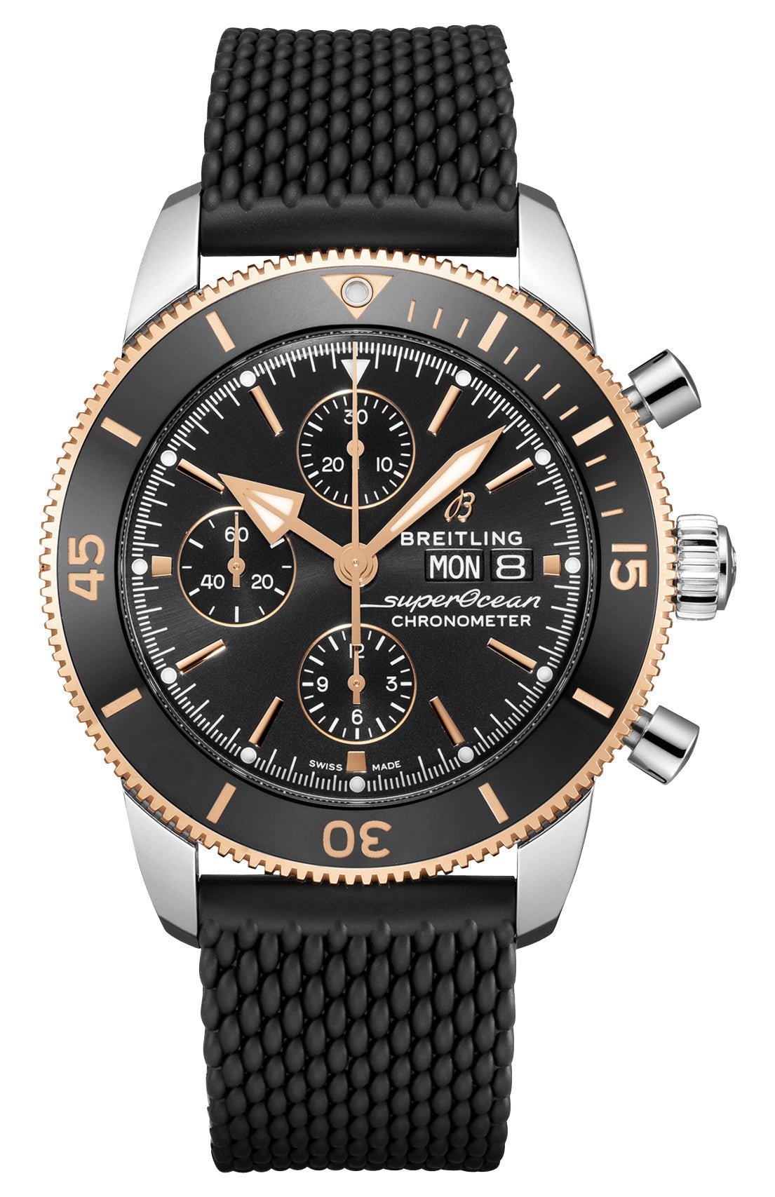 Breitling Superocean Heritage Automatic Chronometer Chronograph Stainless Steel & 18k Rose Gold Black Dial Black Rubber Strap Day/Date Divers Mens Watch U13313121B1S1 - WAB - Shipping Dept.