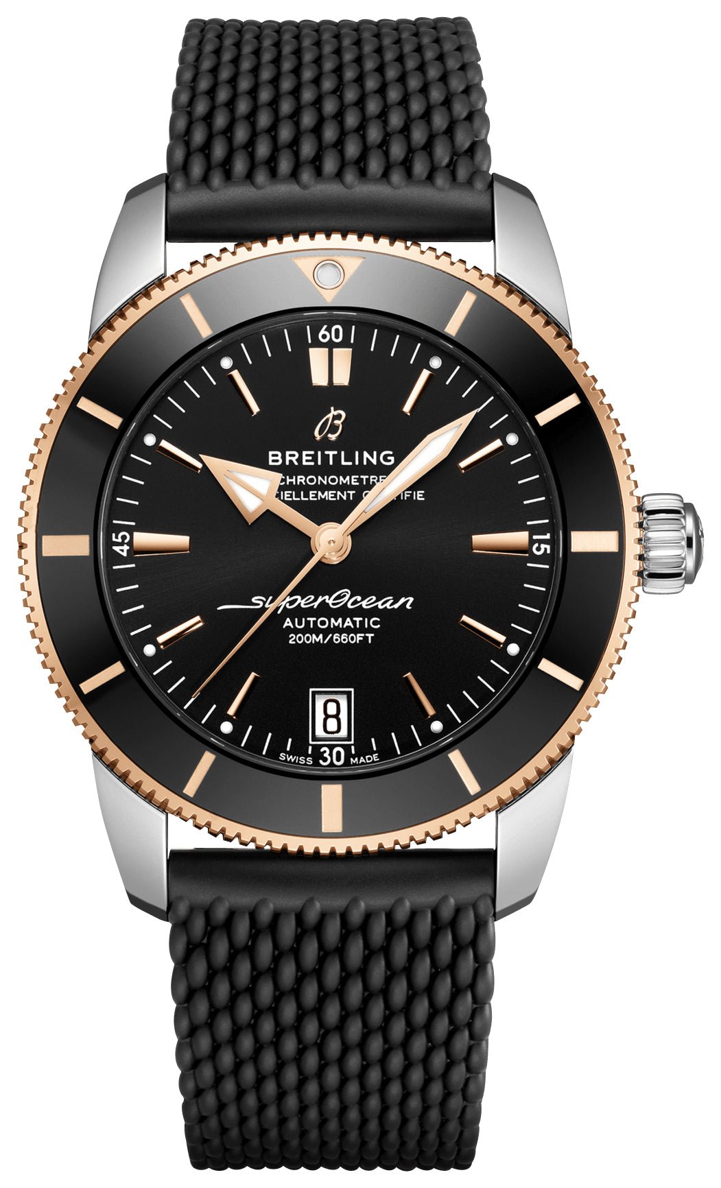 Breitling Superocean Heritage Automatic Chronometer Stainless Steel & 18k Rose Gold Black Dial Black Rubber Strap Date Divers Mens Watch Special Edition UB2010121B1S1 - WAB - Shipping Dept.