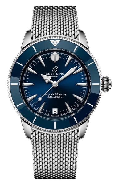 Breitling Superocean Heritage Automatic Stainless Steel Mesh Blue Dial Date Divers Unisex Watch A10390161C1A1 - Watches & Beyond