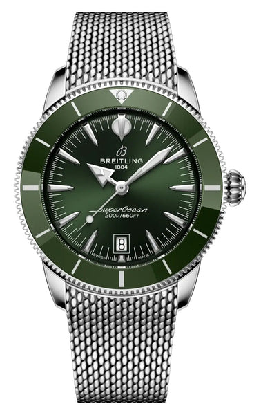 Breitling Superocean Heritage B31 Automatic Stainless Steel Mesh Green Dial Date Divers Mens Watch AB3111361L1A1 - Watches & Beyond