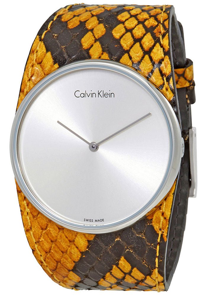 Calvin Klein Spellbound Yellow and Black Leather Silver Dial Quartz Womens Watch K2E23626 - WAB - Shipping Dept.