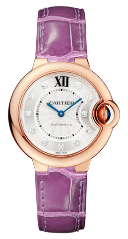 Cartier Ballon Bleu Automatic 18K Rose Gold Silver - Tone Dial Diamonds Purple Leather Strap Womens Watch WE902063 - WAB - Shipping Dept.