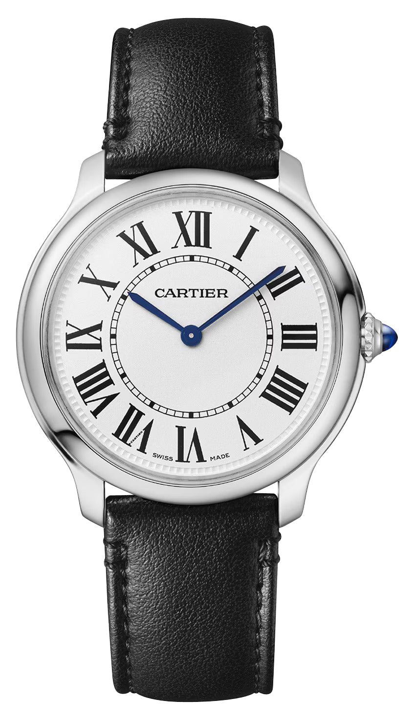 Cartier Ronde Must de Cartier Stainless Steel Silver Dial Black Leather Strap Quartz Unisex Watch WSRN0031 - WAB - Shipping Dept.