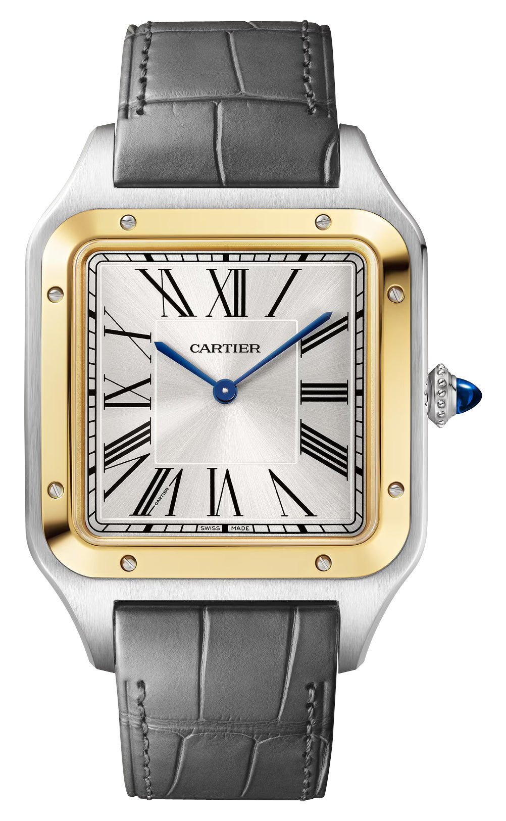 Cartier Santos - Dumont XL Manual Wind Stainless Steel & 18K Yellow Gold Silver Dial Gray Leather Strap Mens Watch W2SA0034 - Watches & Beyond