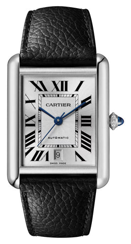 Cartier Tank Must Extra - Large Automatic Stainless Steel Silver Dial Black Leather Strap Date Mens Watch WSTA0040 - WAB - Shipping Dept.