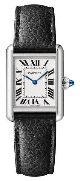 Cartier Tank Must Small Stainless Steel Silver Dial Black Leather Strap Quartz Womens Watch WSTA0135 - Watches & Beyond