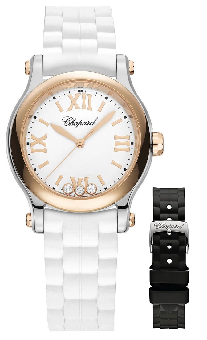 Chopard Happy Sport 18K Rose Gold & Stainless Steel White Dial White Rubber Interchangeable Black Rubber Strap Diamonds Quartz Womens Watch 278590 - 6001 - Watches & Beyond
