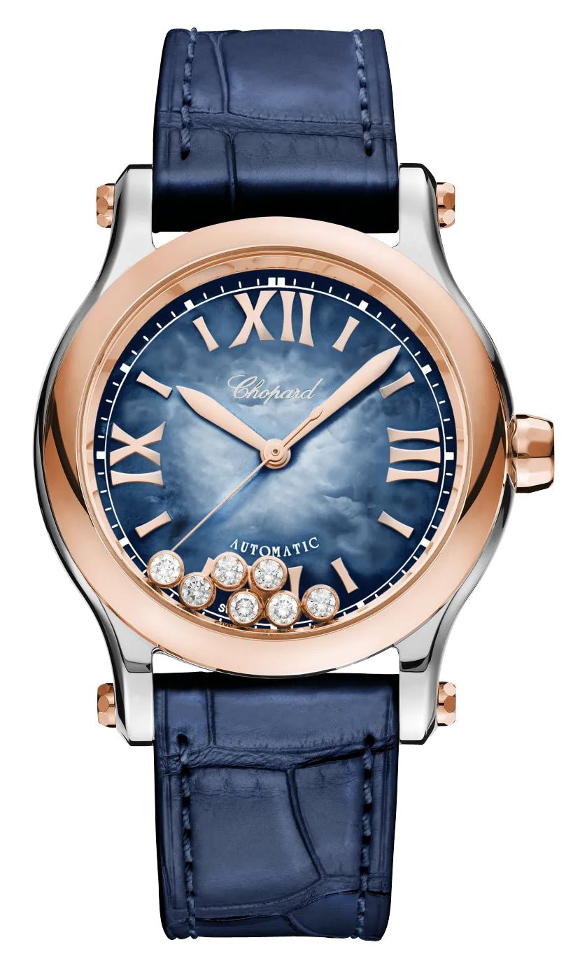 Chopard Happy Sport Automatic 18K Rose Gold & Stainless Steel Blue Mother - Of - Pearl Dial Blue Leather Floating Diamonds Womens Watch 278578 - 6003 - WAB - Shipping Dept.