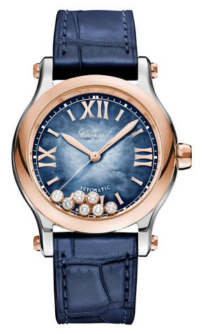 Chopard Happy Sport Automatic 18K Rose Gold & Stainless Steel Blue Mother - Of - Pearl Dial Blue Leather Floating Diamonds Womens Watch 278578 - 6003 - WAB - Shipping Dept.