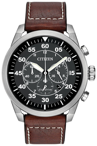 Citizen Avion Chronograph Brown Leather Strap Black Dial Quartz Eco - Drive Date Mens Watch CA4210 - 24E - WAB - Shipping Dept.