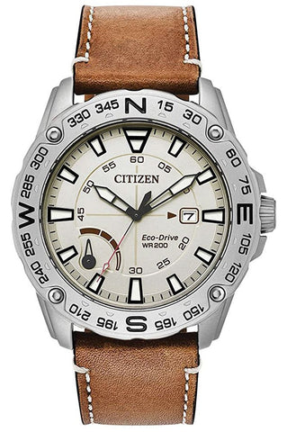 Citizen Matte Stainless Steel Cream Dial Tan Leather Strap Quartz Eco - Drive Date Mens Watch AW7040 - 02A - WAB - Shipping Dept.