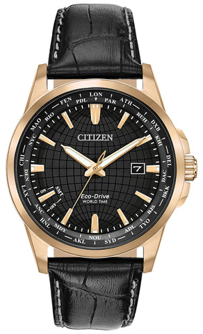 Citizen World Time Perpetual Calendar Rose Gold Steel Black Leather Black Dial Quartz Eco - Drive Date Mens Watch BX1003 - 08E - WAB - Shipping Dept.