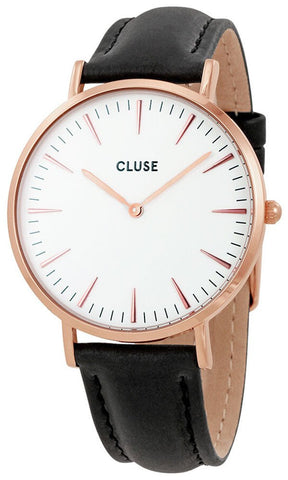 Cluse La Boheme Black Leather Rose Gold Plated Steel White Dial Womens Watch CL18008 - WAB - Shipping Dept.