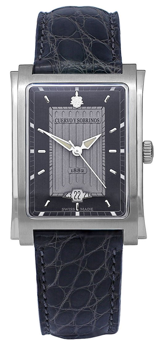 Cuervo y Sobrinos Prominente Clasico Automatic Stainless Steel Black/Gray Dial Date Gray Leather Strap Unisex Watch 1015.1GN - Watches & Beyond