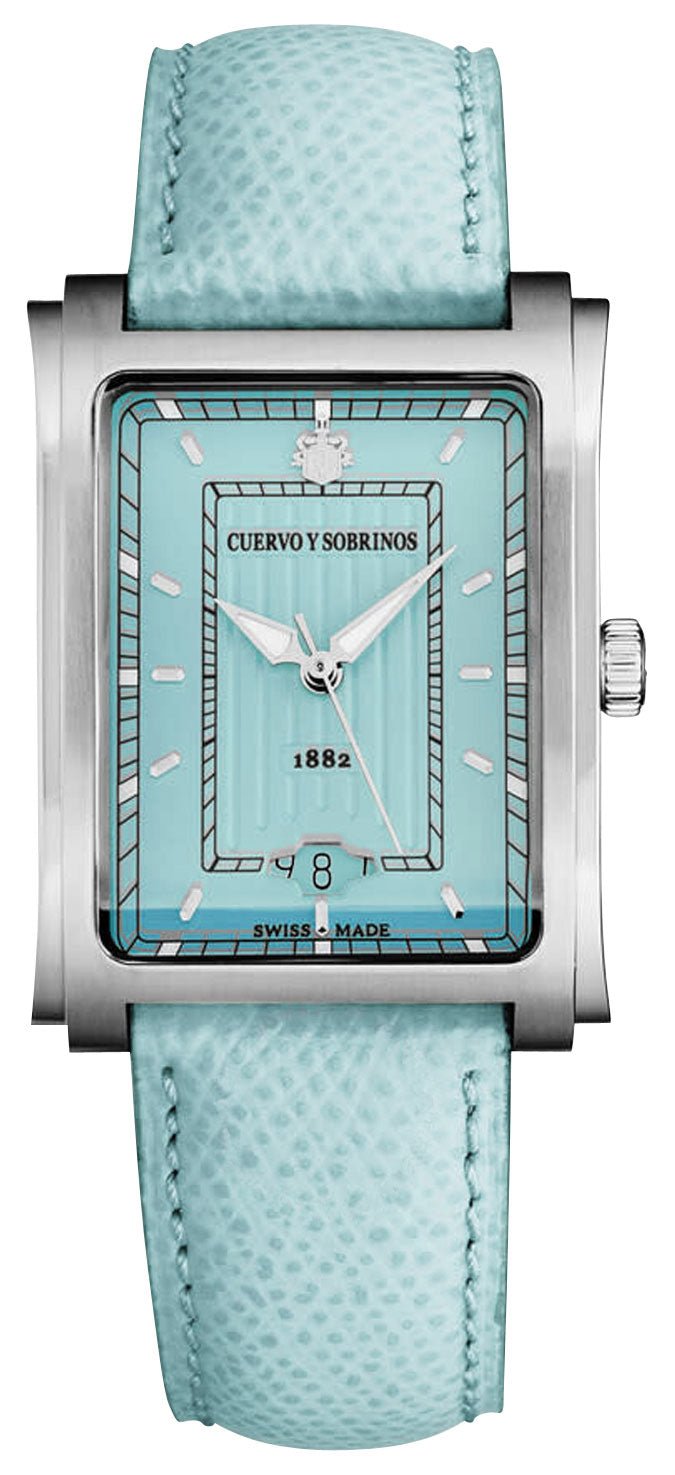 Cuervo y Sobrinos Prominente Señora Caramelo Automatic Stainless Steel Blue Dial Date Blue Leather Strap Unisex Watch 1015.1LB - Watches & Beyond