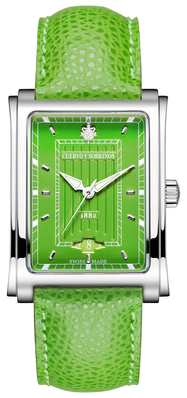Cuervo y Sobrinos Prominente Señora Caramelo Automatic Stainless Steel Green Dial Date Green Leather Strap Unisex Watch 1015.1GR - Watches & Beyond