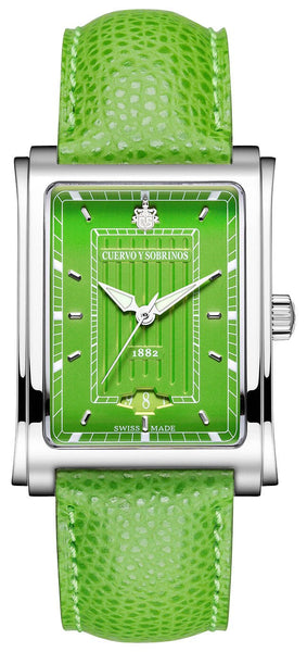 Cuervo y Sobrinos Prominente Señora Caramelo Automatic Stainless Steel Green Dial Date Green Leather Strap Unisex Watch 1015.1GR - Watches & Beyond