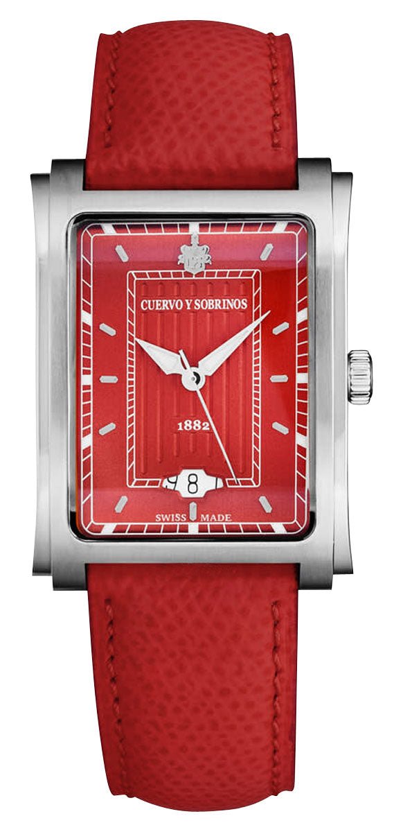 Cuervo y Sobrinos Prominente Señora Caramelo Automatic Stainless Steel Red Dial Date Red Leather Strap Unisex Watch 1015.1BX - Watches & Beyond
