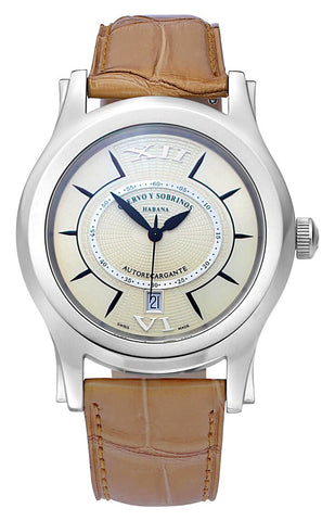 Cuervo y Sobrinos Robusto Solo Tiempo Automatic Stainless Steel Cream Dial Brown Leather Strap Date Mens Watch 2802.1C - Watches & Beyond