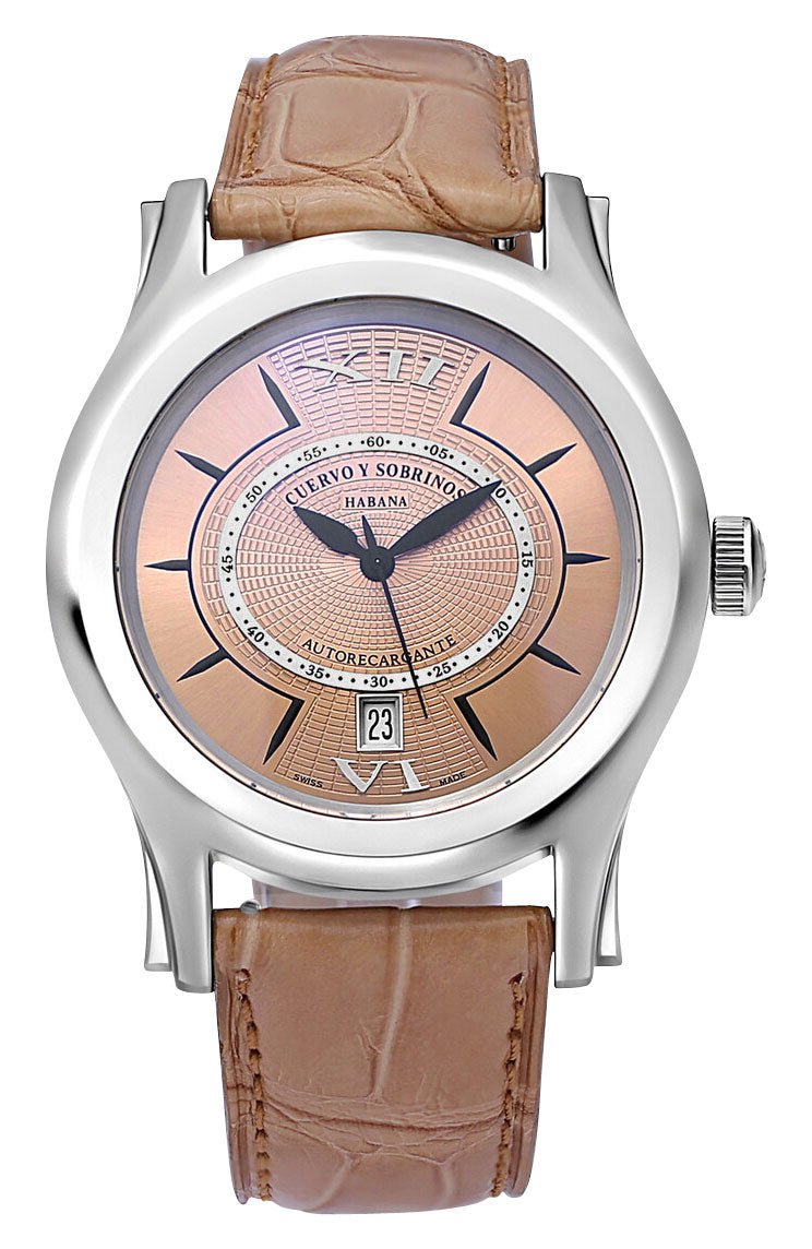 Cuervo y Sobrinos Robusto Solo Tiempo Automatic Stainless Steel Pink Dial Brown Leather Strap Date Mens Watch 2802.1R - Watches & Beyond