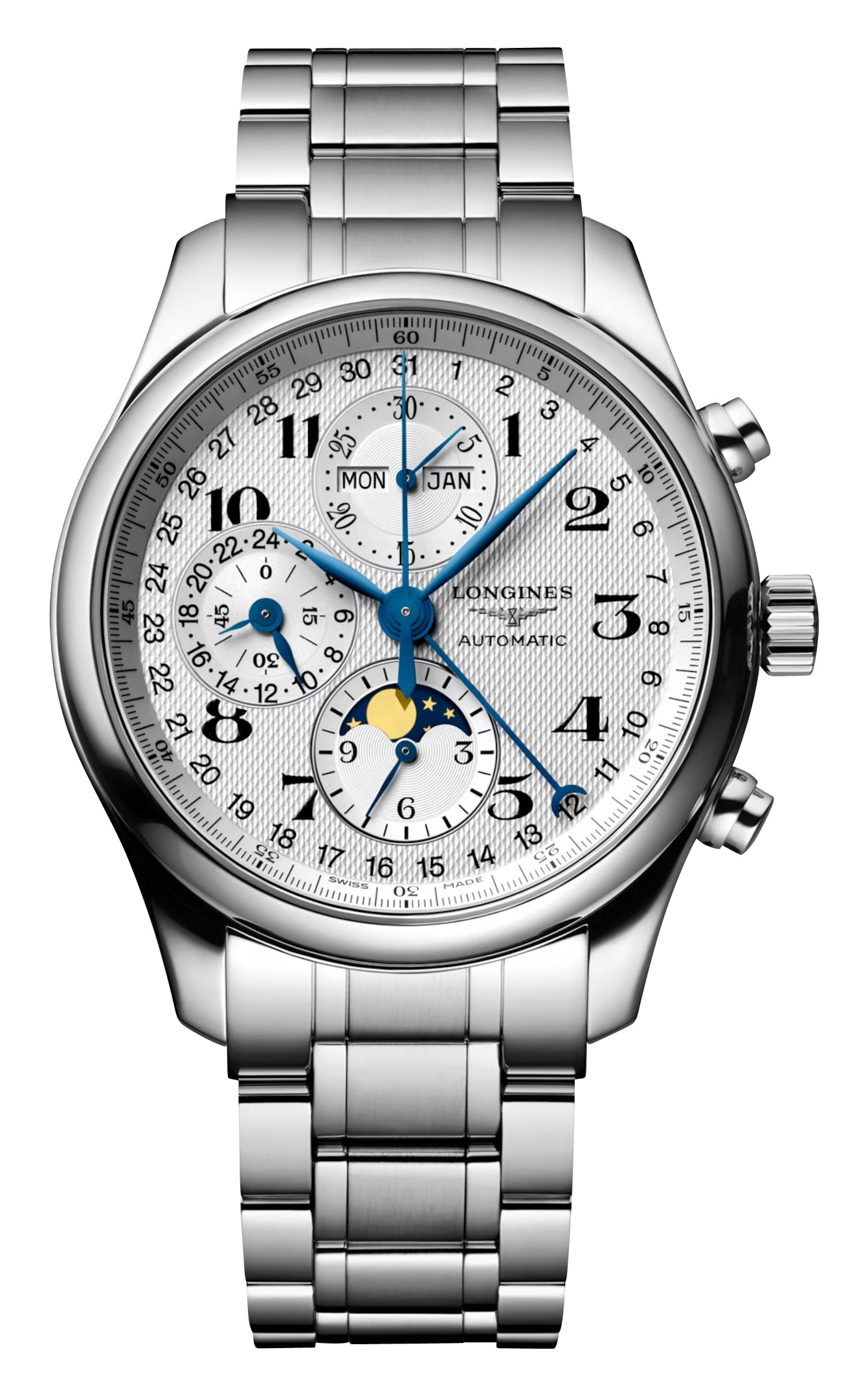 Longines Master Collection Automatic Chronograph Stainless Steel Silver Dial Day/Date Month Moonphase Mens Watch L2.773.4.78.6